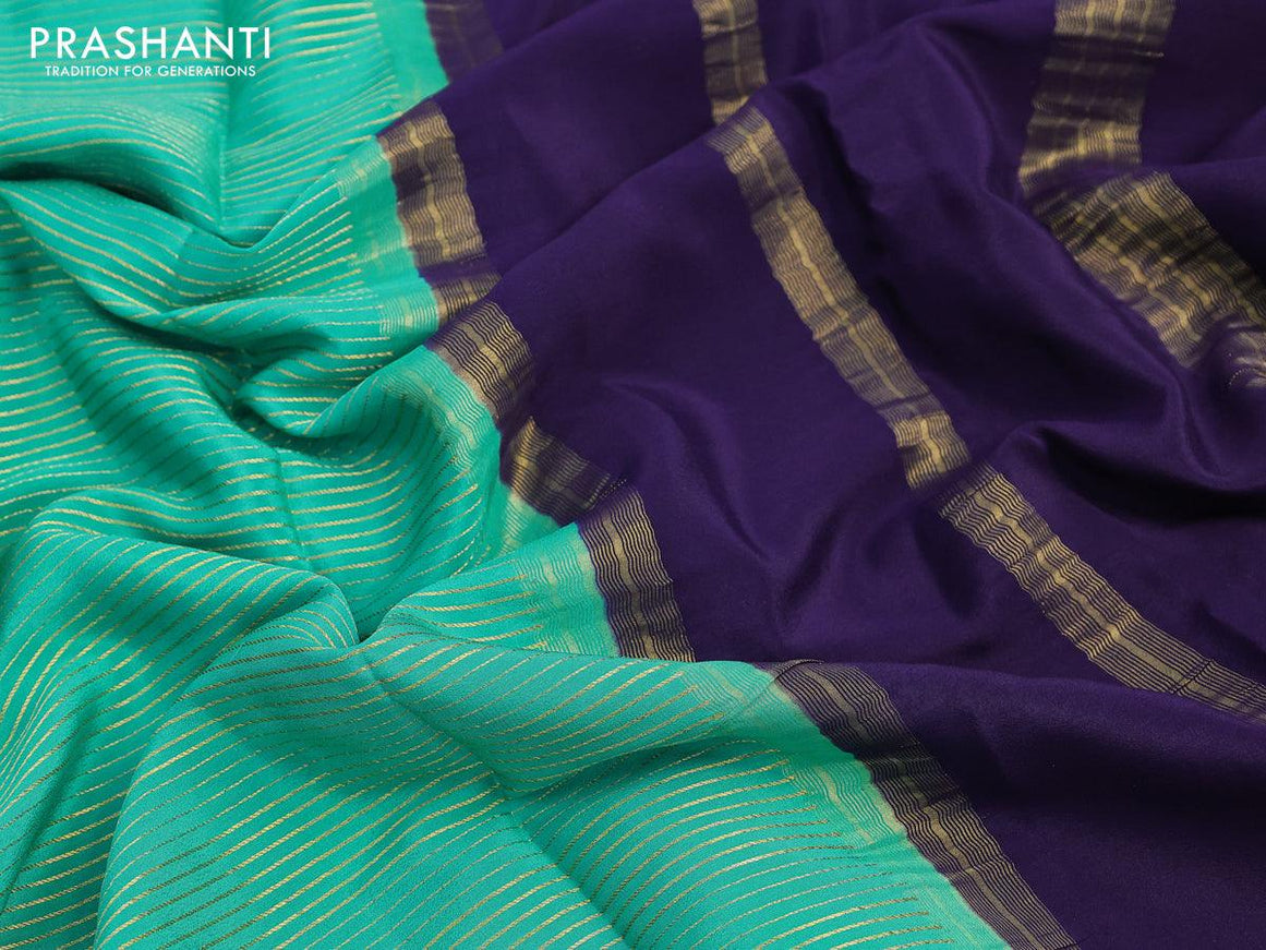 Pure mysore silk saree teal green and dark blue with allover zari woven stripes pattern and zari woven border - {{ collection.title }} by Prashanti Sarees
