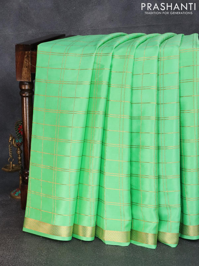 Pure mysore silk saree teal green with allover zari checked pattern and zari woven border - {{ collection.title }} by Prashanti Sarees