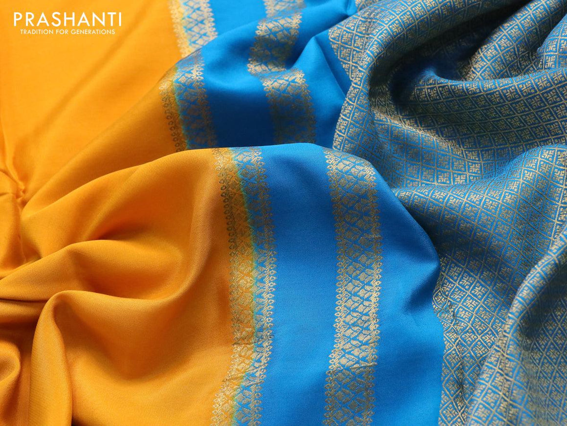Pure mysore silk saree yellow and cs blue with plain body and zari woven border - {{ collection.title }} by Prashanti Sarees