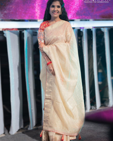 Pure organza silk saree beige with allover zari checked pattern and zari woven border & brocade readymade blouse - {{ collection.title }} by Prashanti Sarees