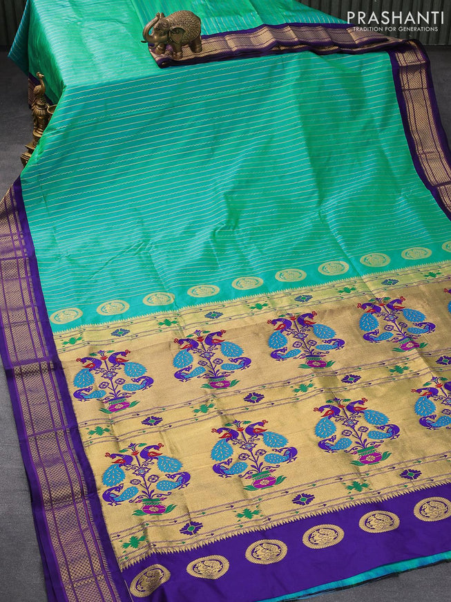 Pure paithani silk saree dual shade of teal bluish green and dark blue with allover zari stripe pattern and rich zari woven border - {{ collection.title }} by Prashanti Sarees