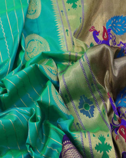 Pure paithani silk saree dual shade of teal bluish green and dark blue with allover zari stripe pattern and rich zari woven border - {{ collection.title }} by Prashanti Sarees