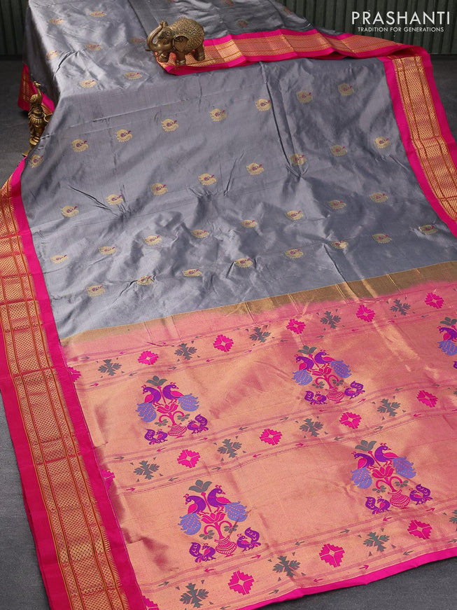Pure paithani silk saree grey and pink with annam zari woven buttas and zari woven border - {{ collection.title }} by Prashanti Sarees