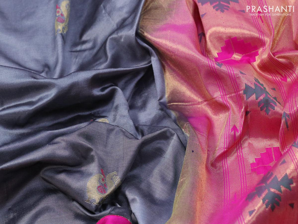 Pure paithani silk saree grey and pink with annam zari woven buttas and zari woven border - {{ collection.title }} by Prashanti Sarees