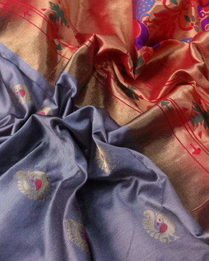 Pure paithani silk saree grey and red with annam zari woven buttas and zari woven border - {{ collection.title }} by Prashanti Sarees