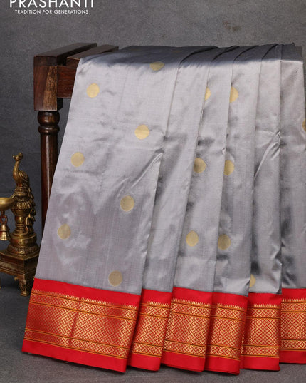 Pure paithani silk saree grey and red with zari woven coin buttas and zari woven border - {{ collection.title }} by Prashanti Sarees
