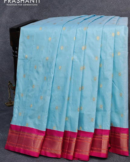 Pure paithani silk saree light blue and pink with zari woven floral buttas and zari woven border - {{ collection.title }} by Prashanti Sarees