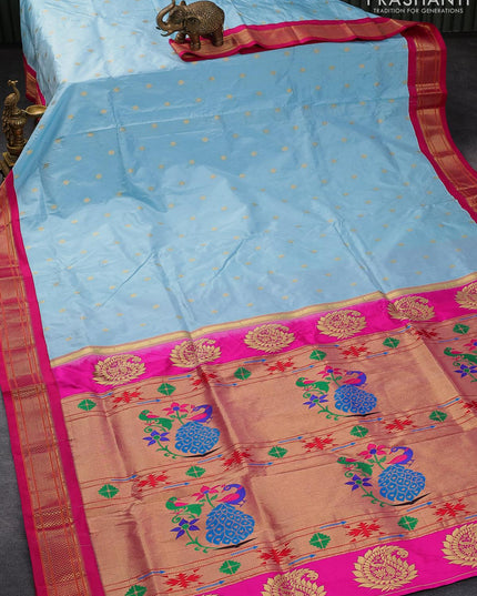 Pure paithani silk saree light blue and pink with zari woven floral buttas and zari woven border - {{ collection.title }} by Prashanti Sarees
