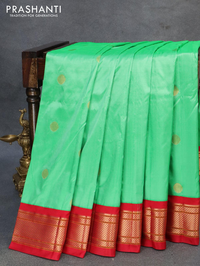 Pure paithani silk saree light green shade and red with zari woven coin buttas and zari woven border - {{ collection.title }} by Prashanti Sarees