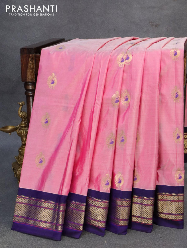 Pure paithani silk saree light pink and dark blue with annam zari woven buttas and zari woven border - {{ collection.title }} by Prashanti Sarees