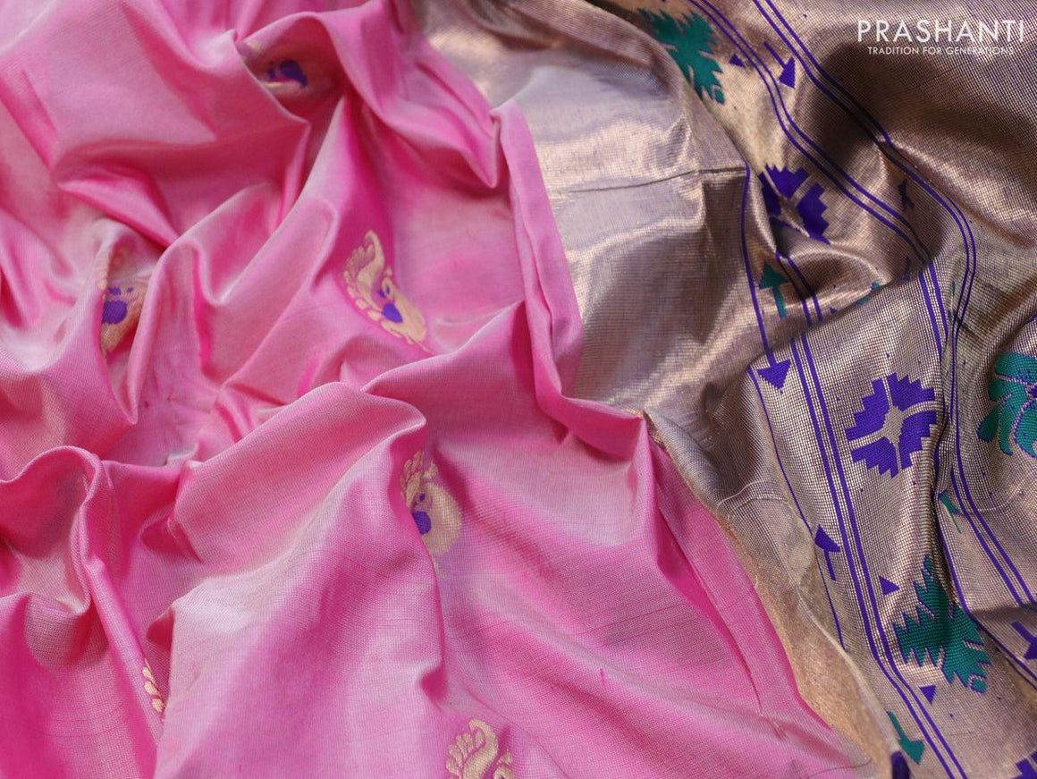 Pure paithani silk saree light pink and dark blue with annam zari woven buttas and zari woven border - {{ collection.title }} by Prashanti Sarees