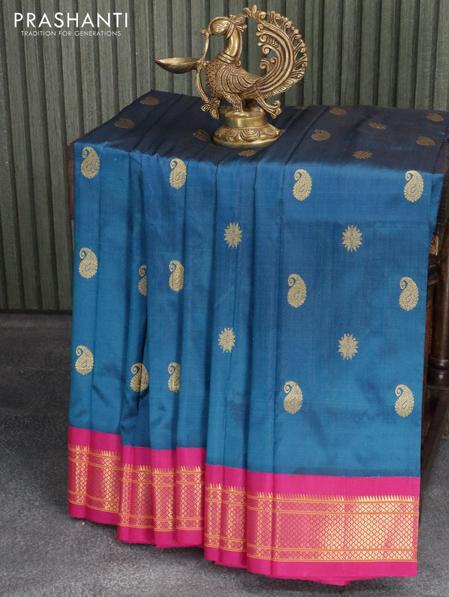Pure paithani silk saree peacock blue and pink with zari woven buttas and zari woven border - {{ collection.title }} by Prashanti Sarees
