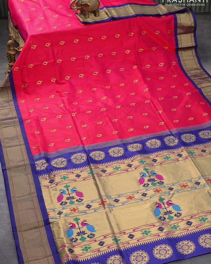 Pure paithani silk saree pink and blue with annam zari woven buttas and zari woven border - {{ collection.title }} by Prashanti Sarees