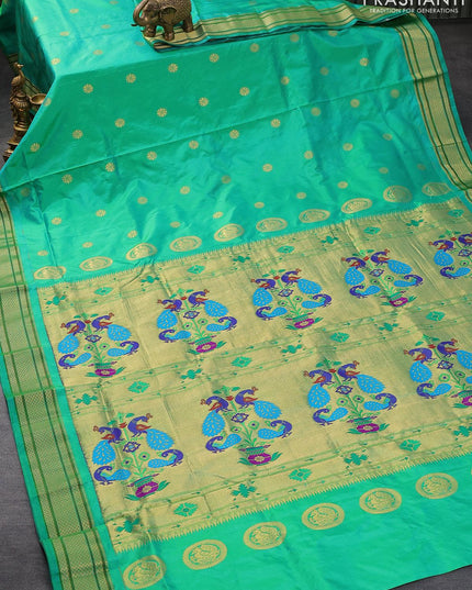 Pure paithani silk saree teal green with zari woven floral buttas and rich zari woven border - {{ collection.title }} by Prashanti Sarees