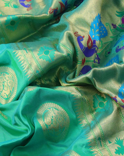 Pure paithani silk saree teal green with zari woven floral buttas and rich zari woven border - {{ collection.title }} by Prashanti Sarees
