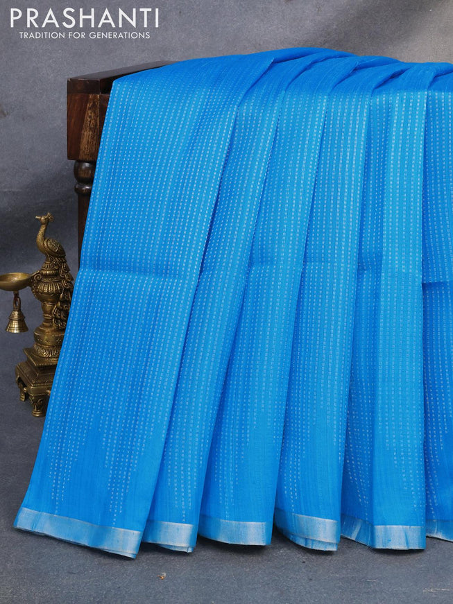 Pure raw silk saree blue and pastel peach with allover silver zari weaves in borderless style - {{ collection.title }} by Prashanti Sarees