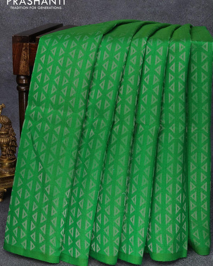Pure raw silk saree green and candy pink with allover silver zari woven geometric weaves in borderless style - {{ collection.title }} by Prashanti Sarees