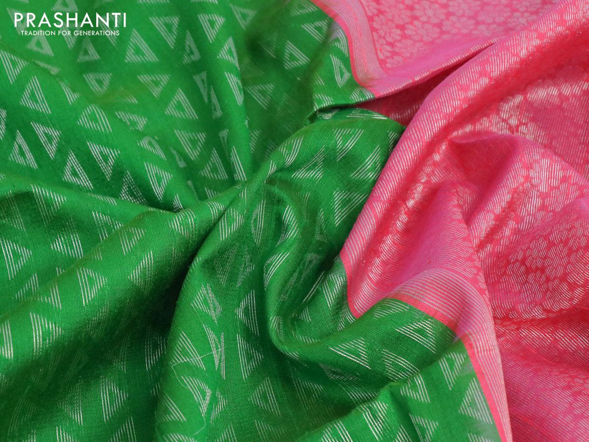 Pure raw silk saree green and candy pink with allover silver zari woven geometric weaves in borderless style - {{ collection.title }} by Prashanti Sarees
