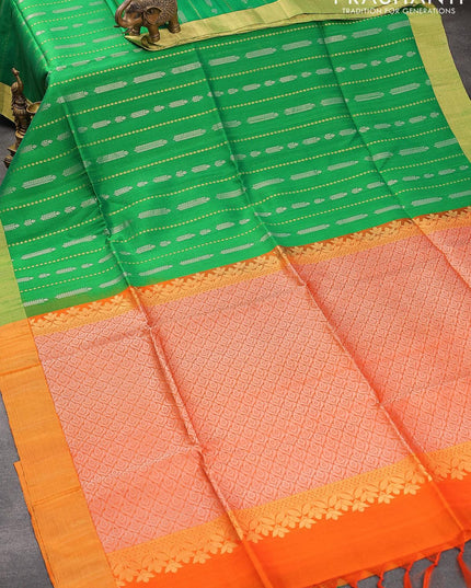 Pure raw silk saree green and orange with allover silver & gold zari weaves and zari woven border - {{ collection.title }} by Prashanti Sarees
