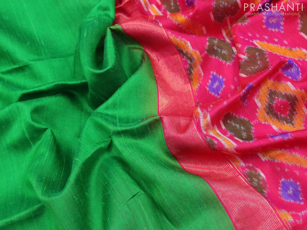 Pure raw silk saree green and pink with plain body & ikat weaves pallu and zari woven border - {{ collection.title }} by Prashanti Sarees