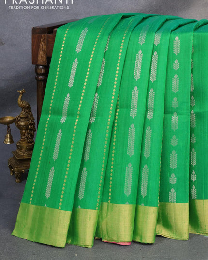 Pure raw silk saree green and pink with silver & gold zari weaves and zari woven border - {{ collection.title }} by Prashanti Sarees
