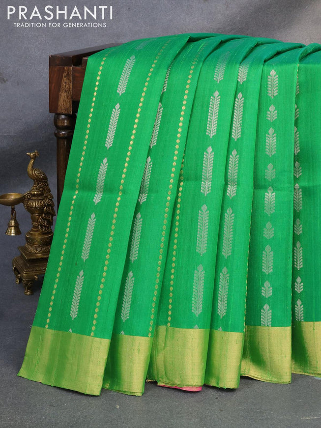 Pure raw silk saree green and pink with silver & gold zari weaves and zari woven border - {{ collection.title }} by Prashanti Sarees