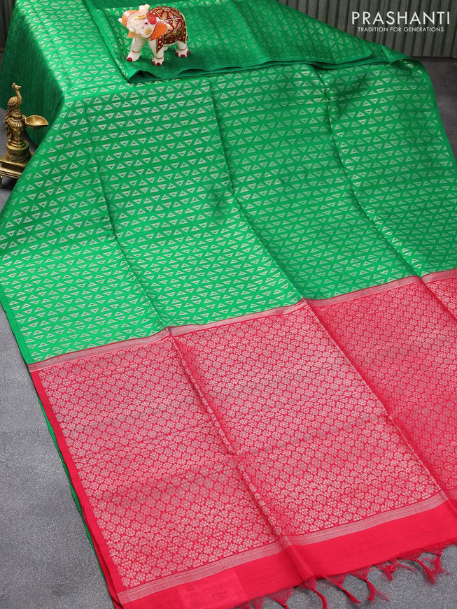 Pure raw silk saree green and red with silver zari woven geometric buttas in borderless style - {{ collection.title }} by Prashanti Sarees