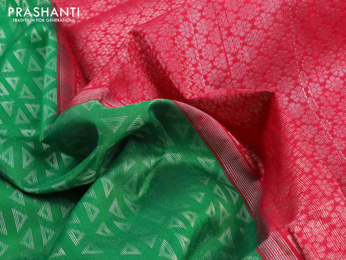 Pure raw silk saree green and red with silver zari woven geometric buttas in borderless style - {{ collection.title }} by Prashanti Sarees