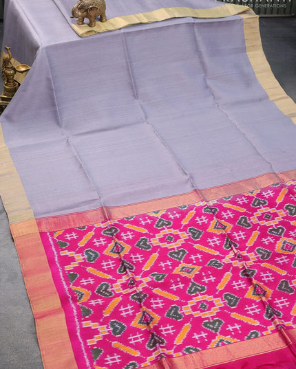 Pure raw silk saree grey and magenta pink with plain body & ikat weaves pallu and zari woven border - {{ collection.title }} by Prashanti Sarees