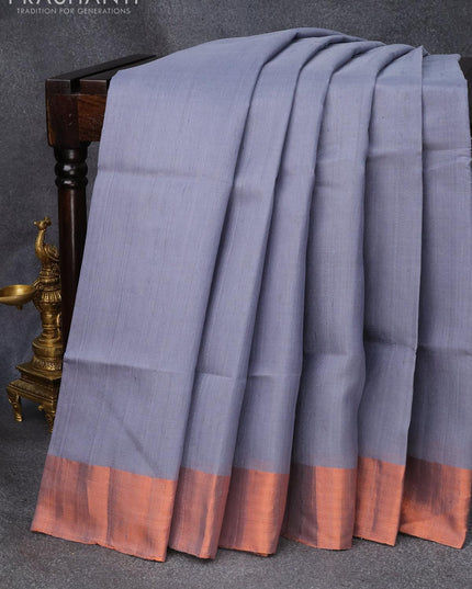 Pure raw silk saree grey and pink with plain body & ikat weaves pallu and copper \zari woven border - {{ collection.title }} by Prashanti Sarees