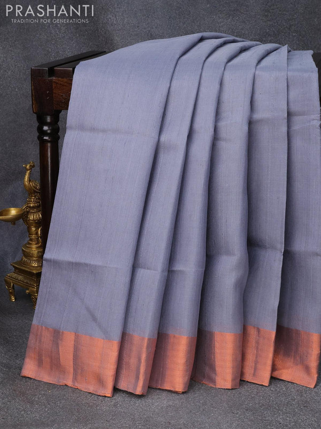 Pure raw silk saree grey and pink with plain body & ikat weaves pallu and copper \zari woven border - {{ collection.title }} by Prashanti Sarees