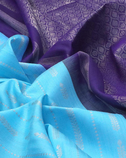 Pure raw silk saree light blue and dark blue with allover silver zari woven butta weaves in borderless style - {{ collection.title }} by Prashanti Sarees