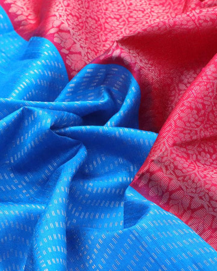 Pure raw silk saree light blue and dark pink with allover silver zari weaves and silver zari woven border - {{ collection.title }} by Prashanti Sarees