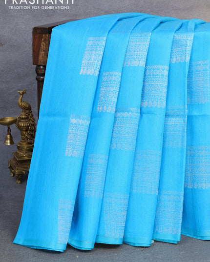 Pure raw silk saree light blue and mustard yellow with silver zari woven box type buttas in borderless style - {{ collection.title }} by Prashanti Sarees