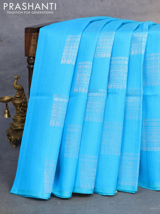 Pure raw silk saree light blue and mustard yellow with silver zari woven box type buttas in borderless style - {{ collection.title }} by Prashanti Sarees