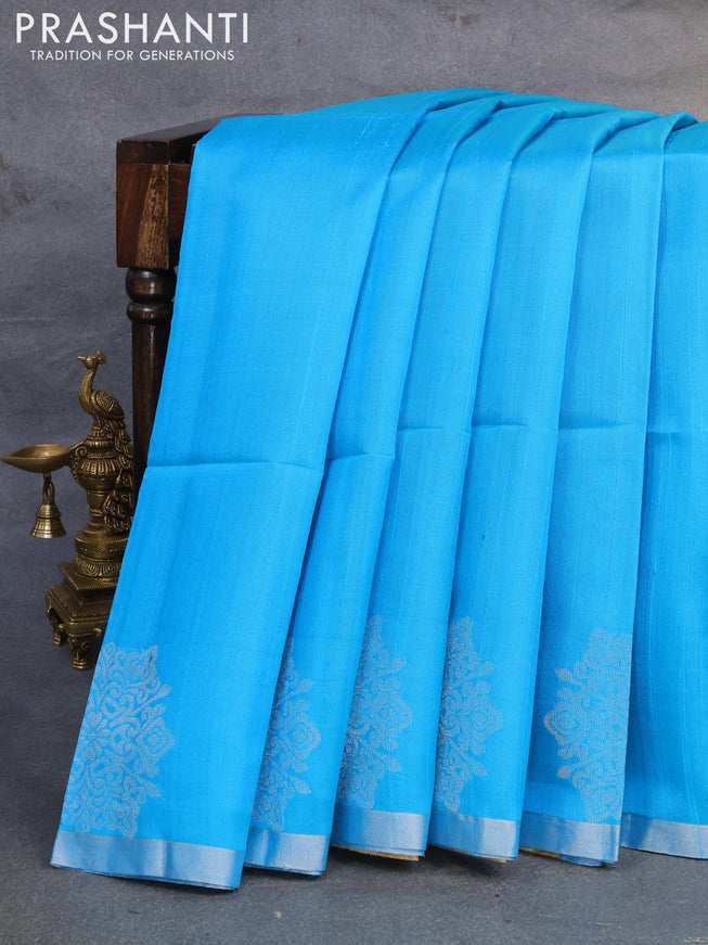 Pure raw silk saree light blue and mustard yellow with silver zari woven buttas and silver zari woven border - {{ collection.title }} by Prashanti Sarees