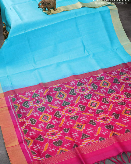Pure raw silk saree light blue and pink with plain body and ikat woven pallu & zari woven border - {{ collection.title }} by Prashanti Sarees
