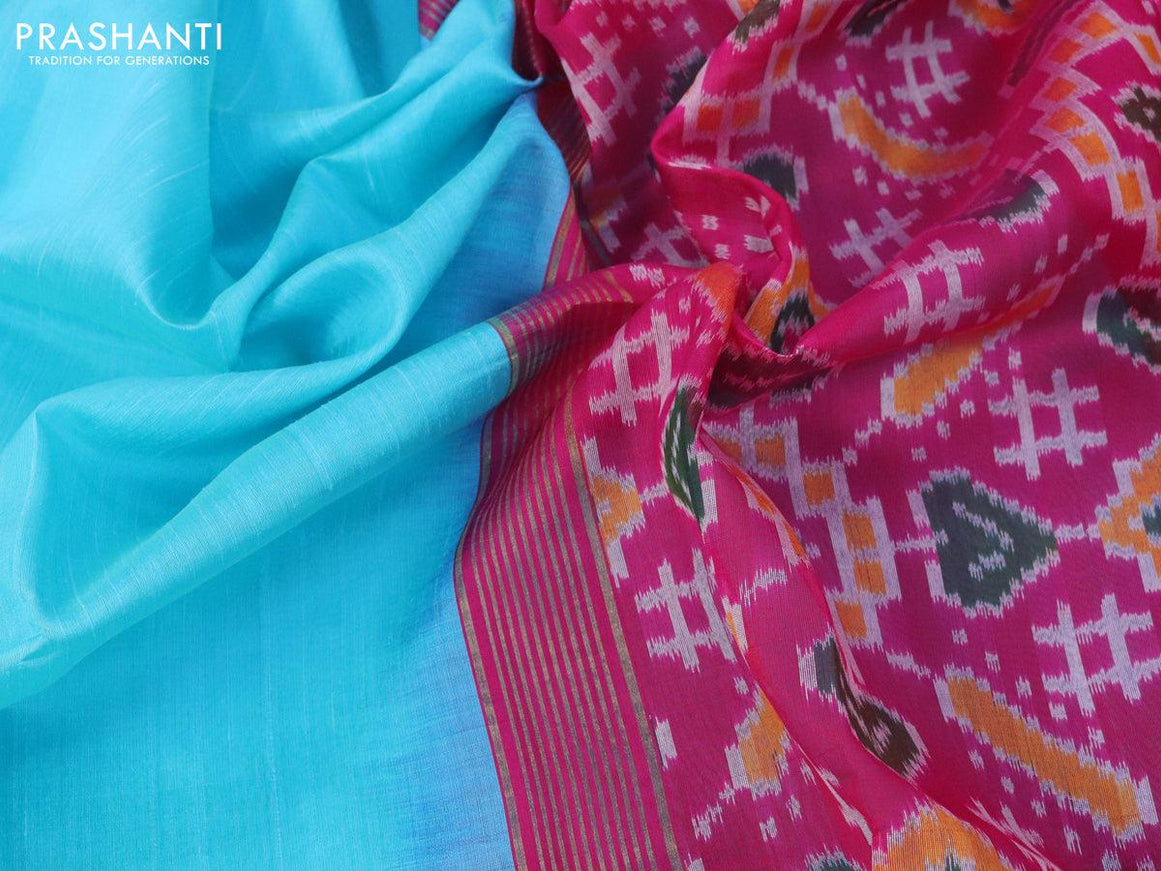 Pure raw silk saree light blue and pink with plain body and ikat woven pallu & zari woven border - {{ collection.title }} by Prashanti Sarees