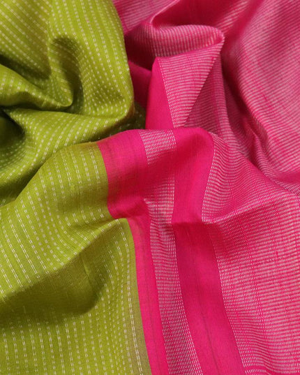 Pure raw silk saree mehendi green and pink with allover silver zari weaves and silver zari woven border - {{ collection.title }} by Prashanti Sarees