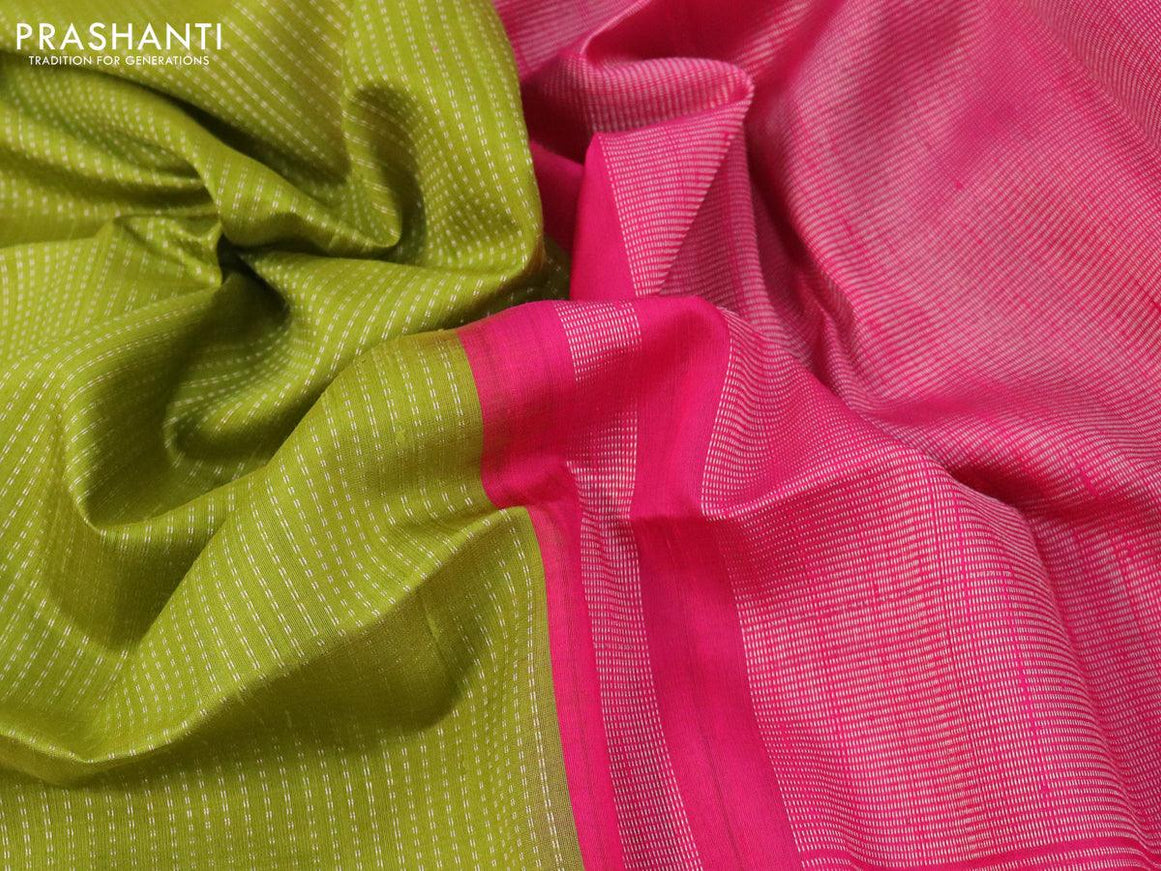 Pure raw silk saree mehendi green and pink with allover silver zari weaves and silver zari woven border - {{ collection.title }} by Prashanti Sarees