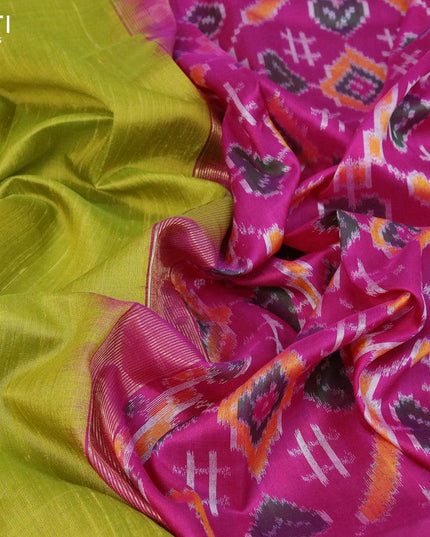Pure raw silk saree mehendi green and pink with plain body & ikat woven pallu and zari woven border - {{ collection.title }} by Prashanti Sarees
