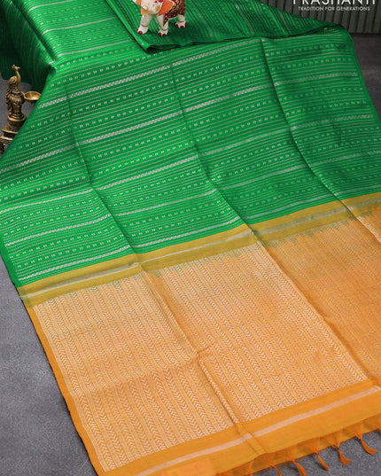 Pure raw silk saree mustard yellow and green with silver zari weaves in borderless style - {{ collection.title }} by Prashanti Sarees