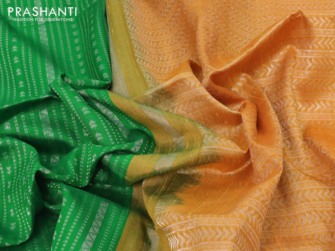 Pure raw silk saree mustard yellow and green with silver zari weaves in borderless style - {{ collection.title }} by Prashanti Sarees