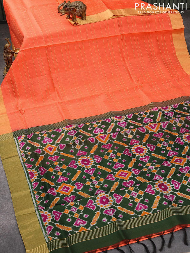 Pure raw silk saree peach orange and dark green with allover zari woven stripes pattern and ikat woven pallu & zari woven border - {{ collection.title }} by Prashanti Sarees