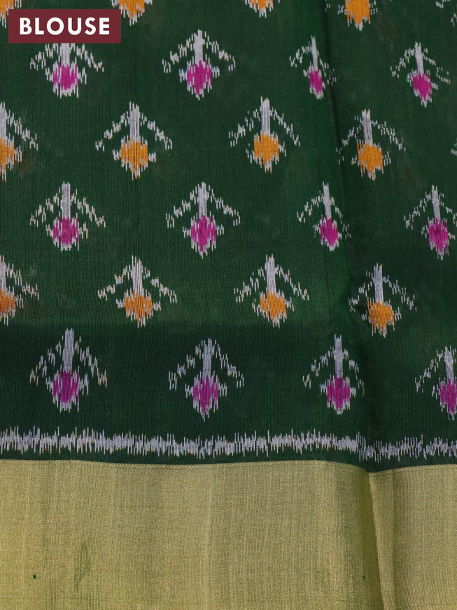 Pure raw silk saree peach orange and dark green with allover zari woven stripes pattern and ikat woven pallu & zari woven border - {{ collection.title }} by Prashanti Sarees