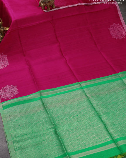 Pure raw silk saree pink and light green with silver zari woven buttas and silver zari woven border - {{ collection.title }} by Prashanti Sarees