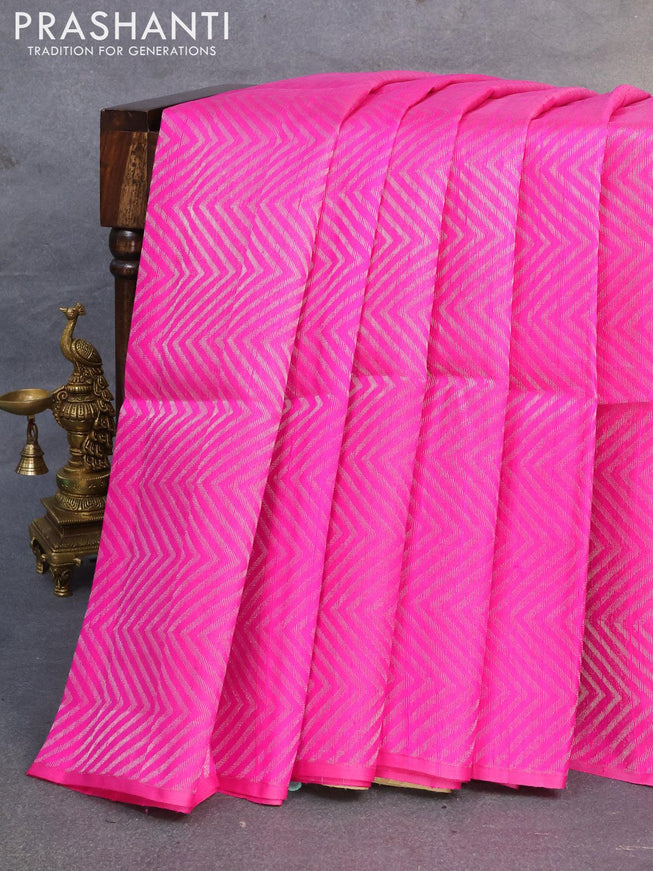 Pure raw silk saree pink and sandal with allover zig zag silver zari weaves in borderless style - {{ collection.title }} by Prashanti Sarees