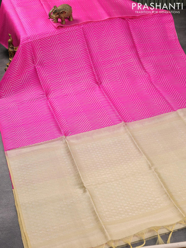 Pure raw silk saree pink and sandal with allover zig zag silver zari weaves in borderless style - {{ collection.title }} by Prashanti Sarees