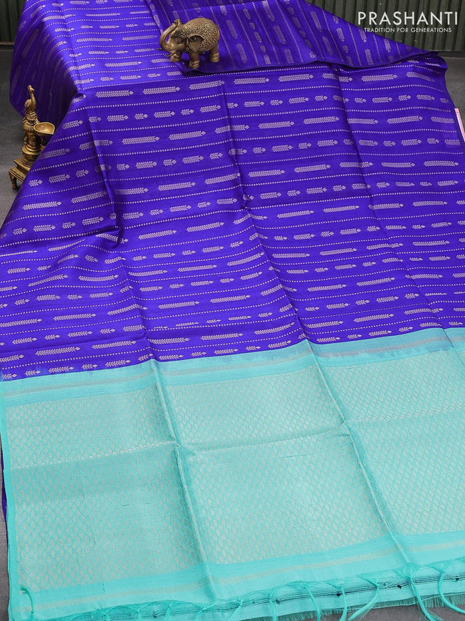 Pure raw silk saree royal blue and teal blue with allover silver zari weaves in borderless style - {{ collection.title }} by Prashanti Sarees