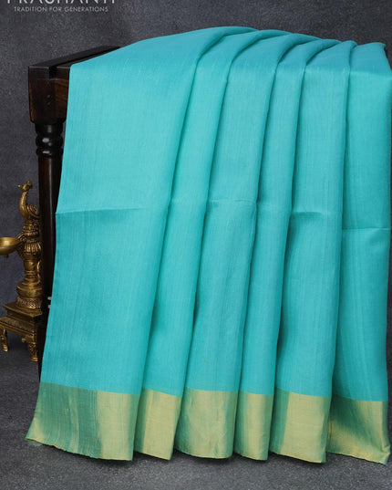Pure raw silk saree teal blue shade and magenta pink with plain body & ikat weaves pallu and zari woven border - {{ collection.title }} by Prashanti Sarees